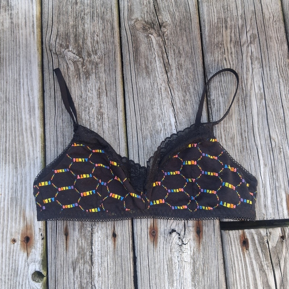 Savage X Fenty Black Bra,‎ Bralette, Rainbow Logo Print, Triangle Bra, Women's